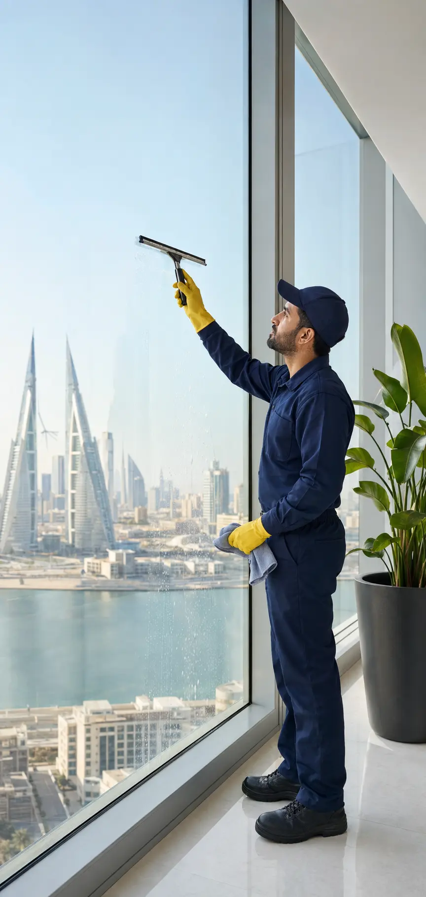 Professional cleaning a modern office window in Bahrain